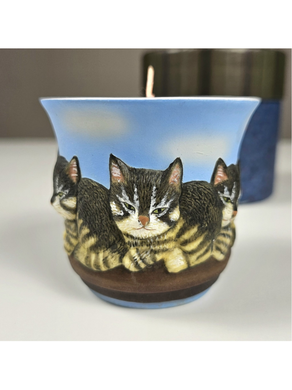 Vintage Lang Cat Votive Candle Holder w/ Box & Pink Candle Three Tabby Cats